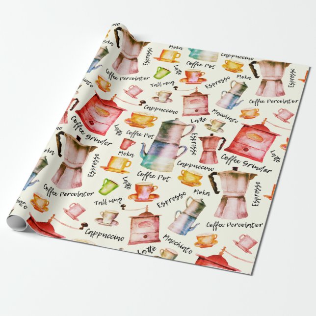 Retro Watercolor Coffee Pots Cups Pattern Wrapping Paper (Unrolled)