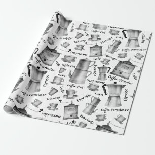 Retro Watercolor Coffee Pots Cups Pattern Wrapping Paper
