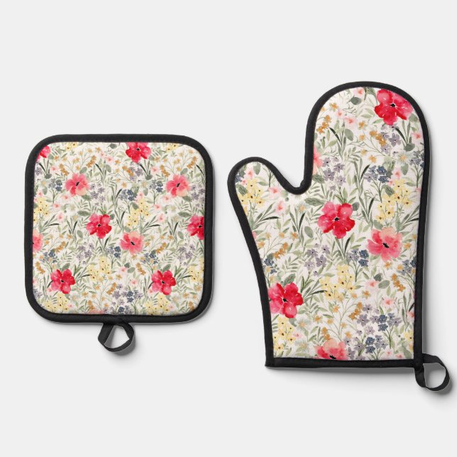 Retro Watercolor florals  Oven Mitt & Pot Holder Set (Front)