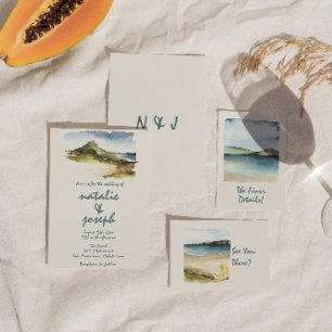 Retro Watercolor Hand Drawn Beach Unique Wedding  Invitation