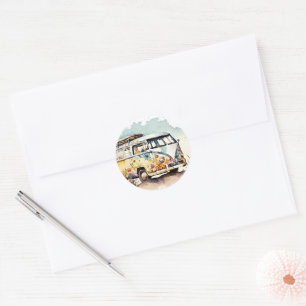 Retro Watercolor Hippie Bus With Flowers Classic Round Sticker