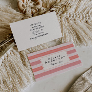 Retro Watercolor Pink Red Stripes Trendy Girly Fun Business Card