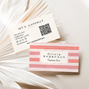 Retro Watercolor Pink Stripes Trendy Girly QR Code Business Card