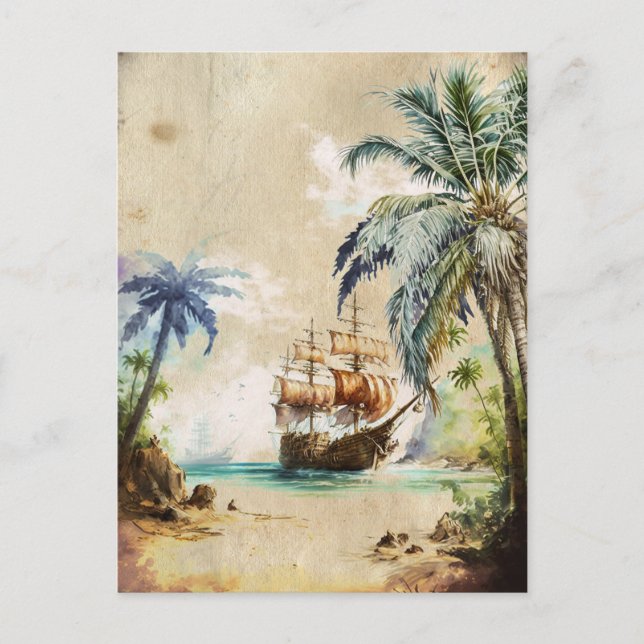 Retro Watercolor Pirate Ship Palm Trees Old Paper Postcard (Front)