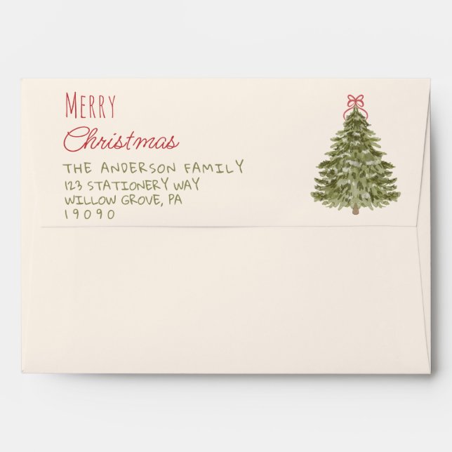 Retro Watercolor Red Green Christmas Bow Tree  Envelope (Back (Top Flap))