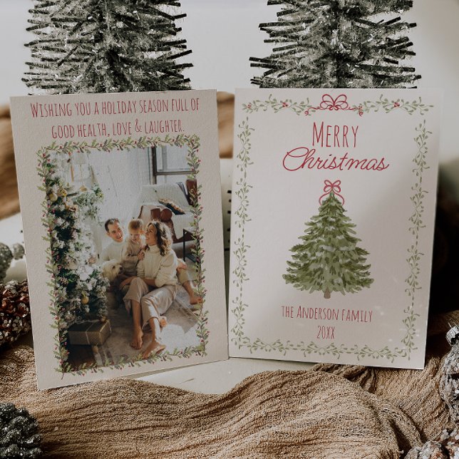 Retro Watercolor Red Green Christmas Bow Tree Holiday Card (Creator Uploaded)