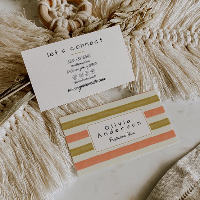 Retro Watercolor Red Green Stripes Trendy Boho  Business Card (Creator Uploaded)