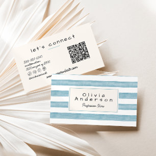 Retro Watercolor Sky Blue Stripes Boho QR CodeFun Business Card