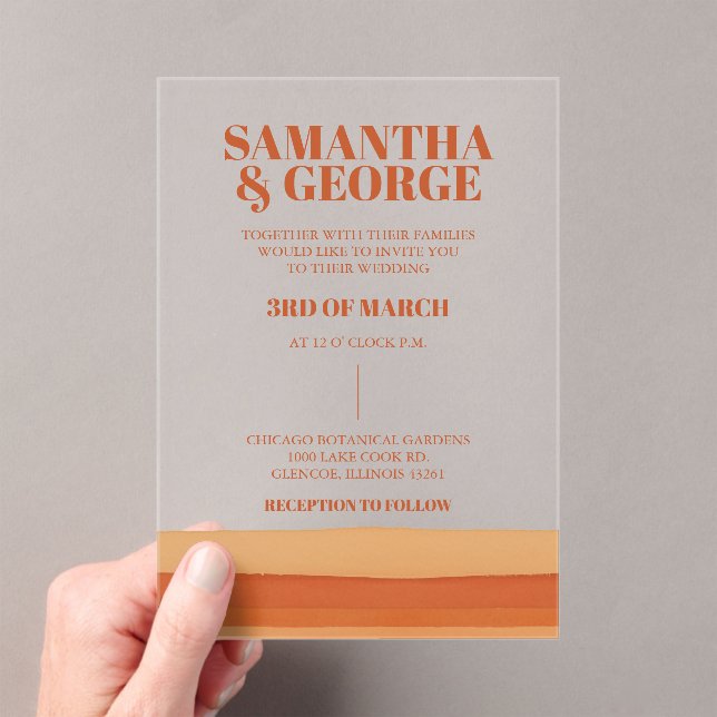 Retro Watercolor Stripes Terracotta Orange Wedding Acrylic Invitations (Insitu (Handheld))