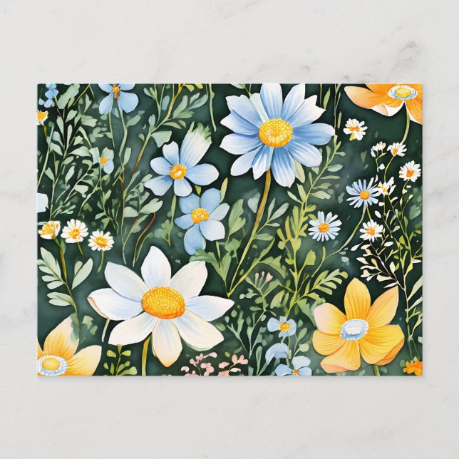 Retro Watercolor Wildflowers Seamless Pattern Postcard (Front)