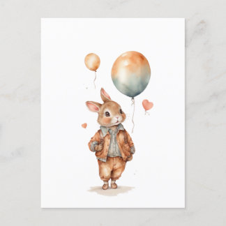 Retro watercolour Little bunny boy with balloons  Postcard