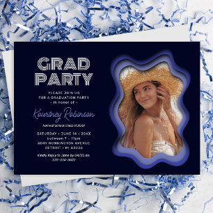 Retro Wave Blue Purple Photo Graduation Party Invitation