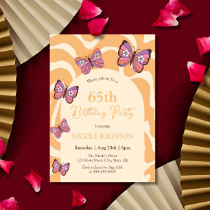 Retro Wave Butterfly Peach Orange Birthday Invitation