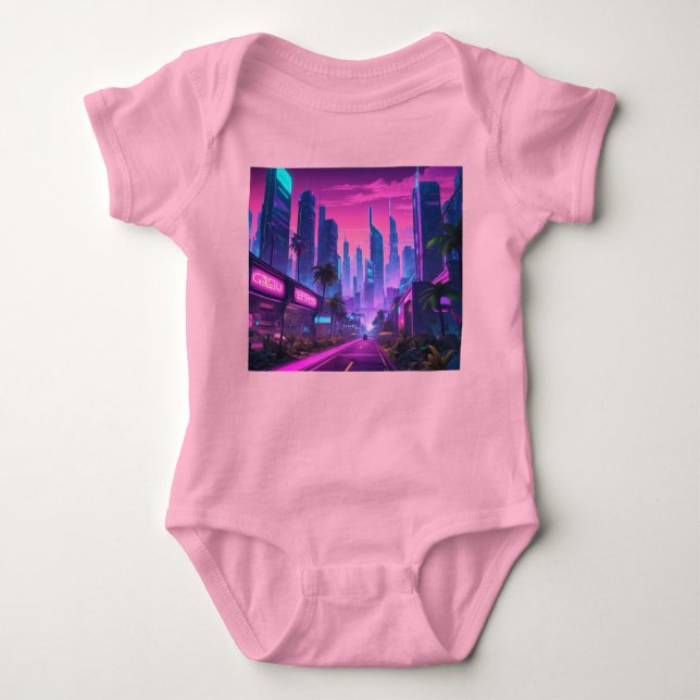 Retro Wave Cyberpunk City Baby Bodysuit (Front)