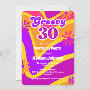 Retro Wave Daisies Groovy 30th Orange Birthday Invitation