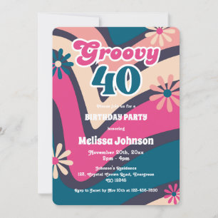 Retro Wave Daisies Groovy 40th Bubblegum Birthday Invitation