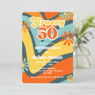 Retro Wave Daisies Groovy 50th Green Birthday Invitation