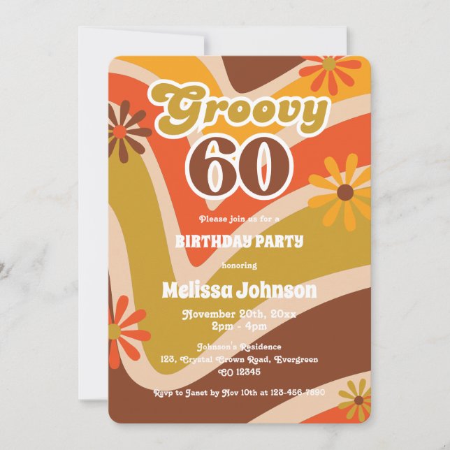 Retro Wave Daisies Groovy 60th Birthday Invitation (Front)