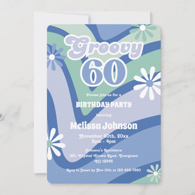 Retro Wave Daisies Groovy 60th Blue Birthday Invitation (Front)