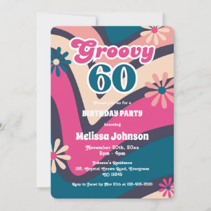 Retro Wave Daisies Groovy 60th Bubblegum Birthday Invitation