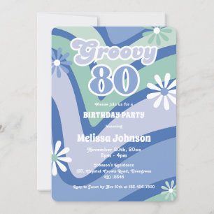 Retro Wave Daisies Groovy 80th Blue Birthday Invitation