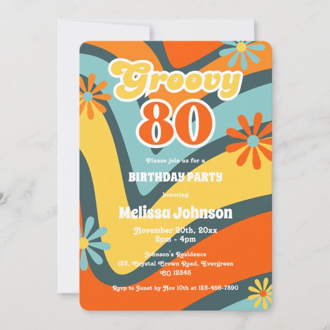 Retro Wave Daisies Groovy 80th Green Birthday Invitation (Front)