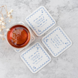 Retro Wave Doodle Illustrated Hand Written Wedding Square Paper Coaster