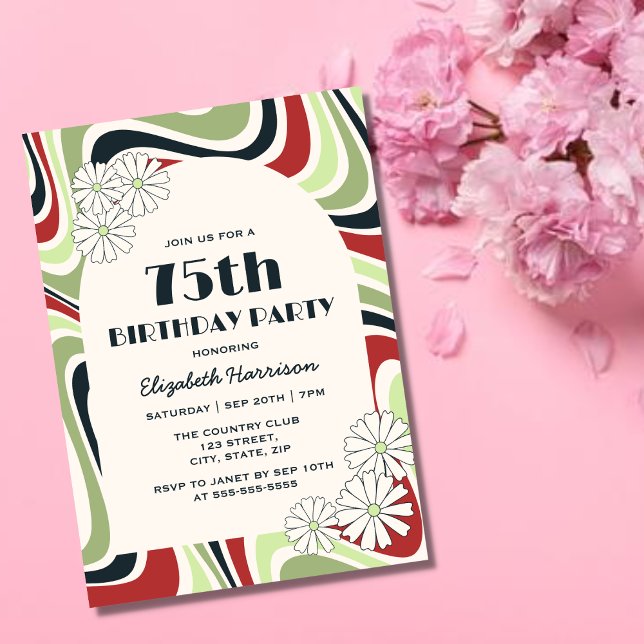 Retro Wave Flower Arch Green Red Black Birthday Invitation (Creator Uploaded)