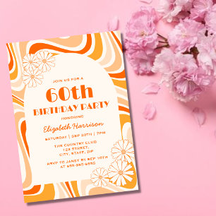 Retro Wave Flower Arch Orange Peach Birthday Invitation