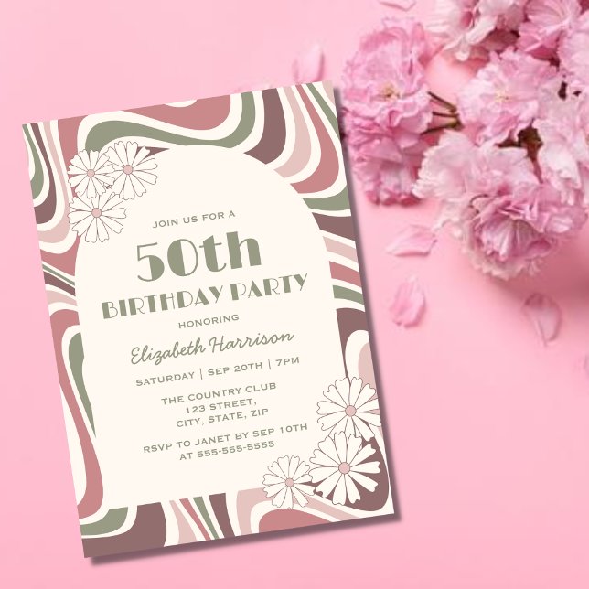 Retro Wave Flower Arch Sage Brown Peach Birthday Invitation (Creator Uploaded)