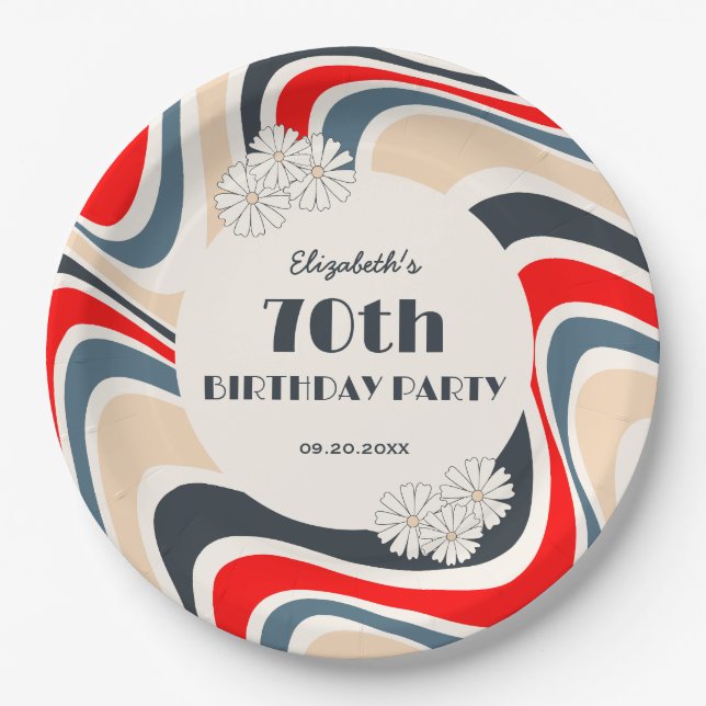Retro Wave Flower Grey Red Birthday Paper Plate (Front)