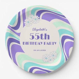 Retro Wave Flower Mint Blue Birthday Paper Plate
