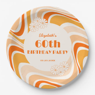 Retro Wave Flower Orange Peach Birthday Paper Plate