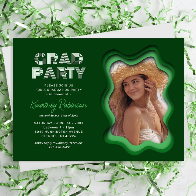 Retro Wave Green Photo Graduation Party Invitation (Creator Uploaded)