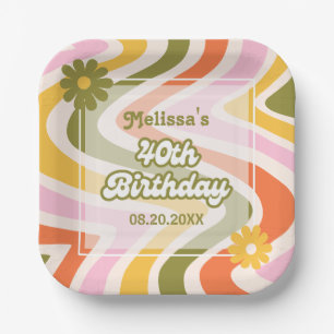 Retro Wave Groovy Flower Green 40th Birthday  Paper Plate