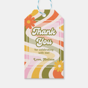Retro Wave Groovy Flower Green Birthday Thank You Gift Tags