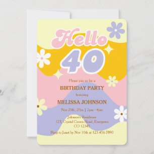 Retro Wave Groovy Flower Hello 40th Birthday  Invitation
