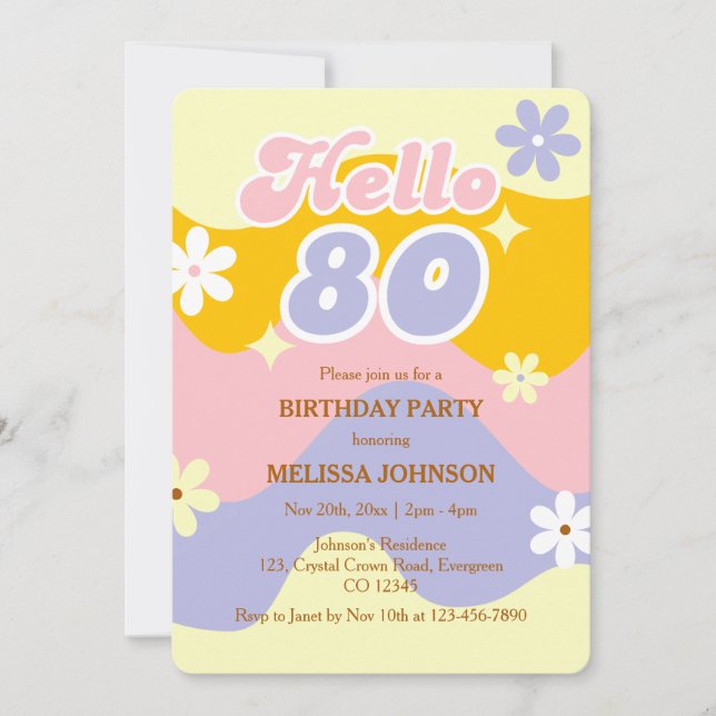 Retro Wave Groovy Flower Hello 80th Birthday  Invitation (Front)