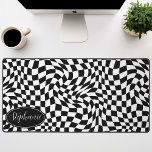 Retro Wave: Modern Wavy Black Chequerboard Desk Mat<br><div class="desc">Elevate your workspace with this Modern Wavy Chequerboard Pattern Personalised Desk Mat. This mat presents a playful twist on a classic chequerboard, brought to life with an undulating wave pattern in shades of black and white. The personalised feature offers an extra touch of individuality, making your workspace truly your own....</div>