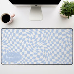 Retro Wave: Modern Wavy Blue Chequerboard Desk Mat<br><div class="desc">Elevate your workspace with this Modern Wavy Chequerboard Pattern Personalised Desk Mat. This mat presents a playful twist on a classic chequerboard, brought to life with an undulating wave pattern in shades of blue and cream. The personalised feature offers an extra touch of individuality, making your workspace truly your own....</div>