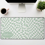 Retro Wave: Modern Wavy Mint Green Chequerboard Desk Mat<br><div class="desc">Elevate your workspace with this Modern Wavy Chequerboard Pattern Personalised Desk Mat. This mat presents a playful twist on a classic chequerboard, brought to life with an undulating wave pattern in shades of mint green and cream. The personalised feature offers an extra touch of individuality, making your workspace truly your...</div>