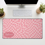 Retro Wave: Modern Wavy Pink Chequerboard Pattern Desk Mat<br><div class="desc">Elevate your workspace with this Modern Wavy Chequerboard Pattern Personalised Desk Mat. This mat presents a playful twist on a classic chequerboard, brought to life with an undulating wave pattern in shades of blush pink. The personalised feature offers an extra touch of individuality, making your workspace truly your own. Its...</div>