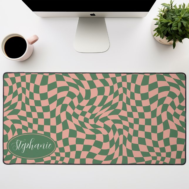  Retro Wave: Modern Wavy Pink Green Chequerboard Desk Mat (Creator Uploaded)