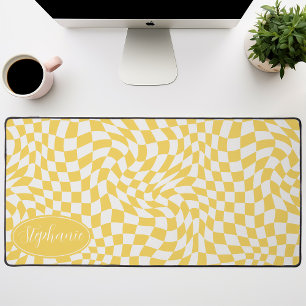  Retro Wave: Modern Wavy Yellow Chequerboard Desk Mat