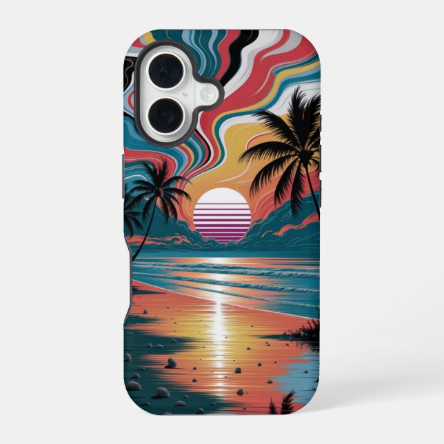 Retro Wave Sunset iPhone 16 Case (Back)