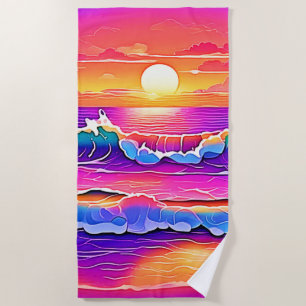 Retro Wave Sunset Serenity Beach Towel