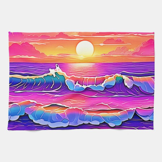 Retro Wave Sunset Serenity Tea Towel (Horizontal)