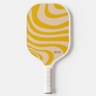 Retro Wave White and Yellow Modern Monogram Pickleball Paddle