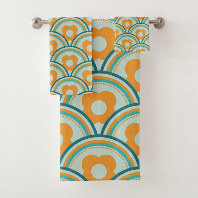 Retro Waves and Flowers Aqua, Teal, Orange Bath Towel Set (Insitu)