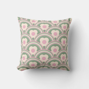 Retro Waves and Flowers Pink and Green Cushion